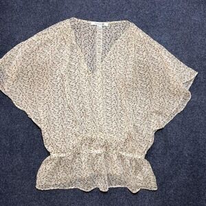 Y2K Forever 21 Kimono Blouse Womens Large White Floral Sheer Chiffon Ruffle Top